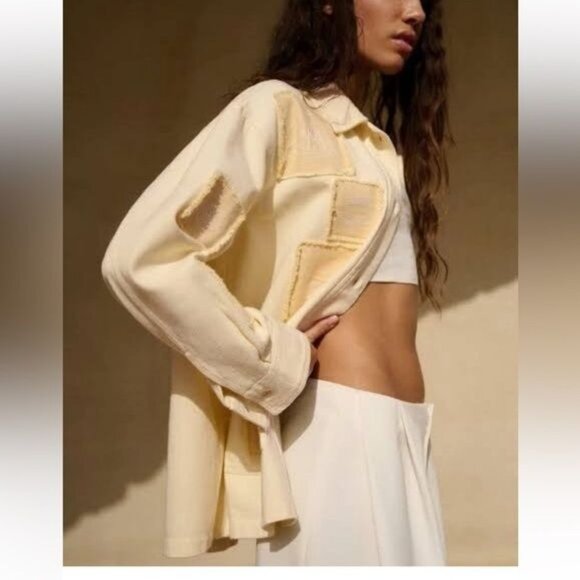 Zara Cotton Overshirt Chore Jacket Embroidered Patches Yellow Size XS - Picture 14 of 16